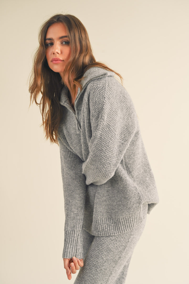 MARIA WAFFLE KNIT HALF ZIP SWEATER