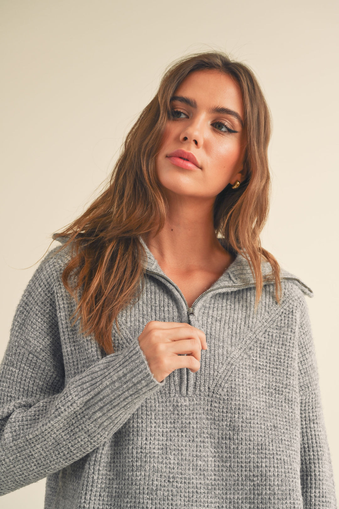 MARIA WAFFLE KNIT HALF ZIP SWEATER