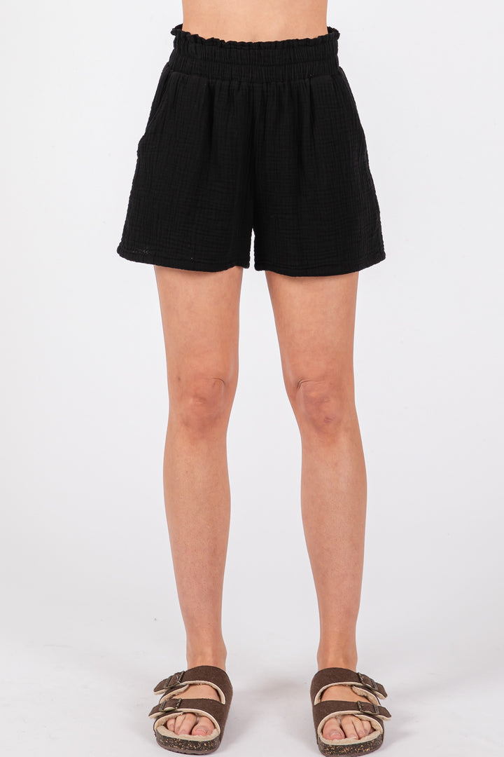 RUFFLED WAIST GAUZE SHORTS