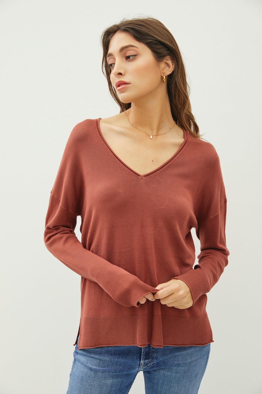 V-NECK DROPPED SHOULDER SWEATER