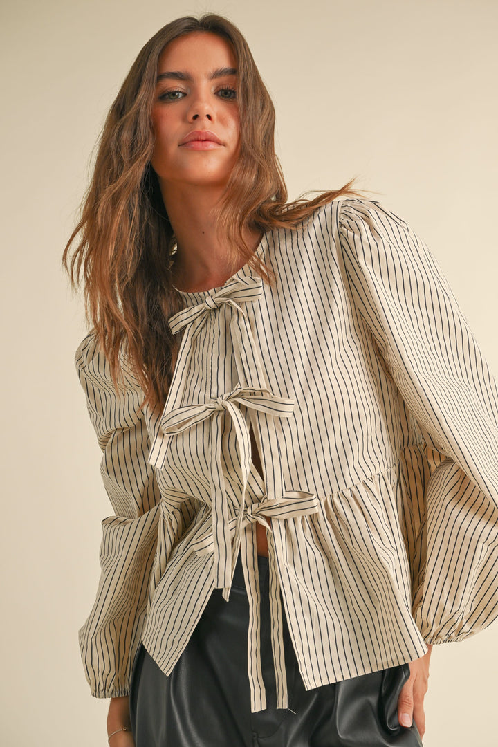 STRIPED WOVEN TIE BLOUSE